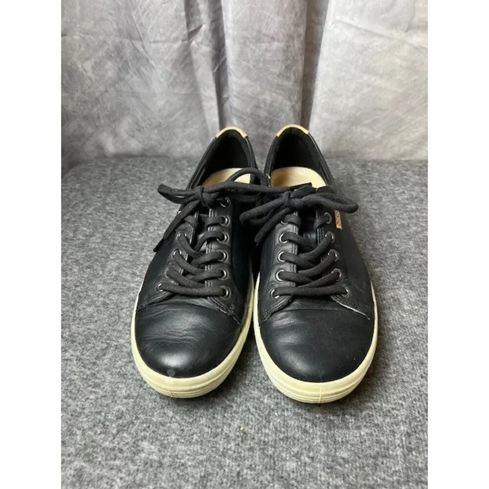 Ecco Womens Soft7 Sneaker Size 39 8.5 Black Leather Lace Up Comfy Shoe Trainer